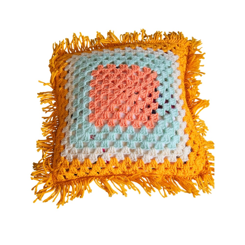 Handmade Throw Pillow Home Decor Multicolor Crochet Granny Square Fringe Boho